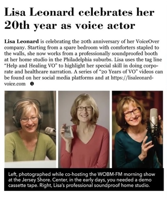screen shot of an article titled Lisa Leonard Celebrates Her 20th Year as Voice Actor. Article shows 2 headshot photos of blonde woman posing with microphone.