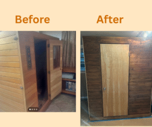 Image showing the "before" image of old broken sauna next to the "after" image of new recording booth constructed from the old sauna.